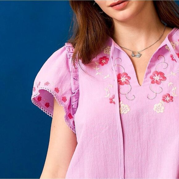 Umgee Floral Embroidered Tie Neck SS Blouse Pink Ruffle Top Medium - Picture 4 of 6
